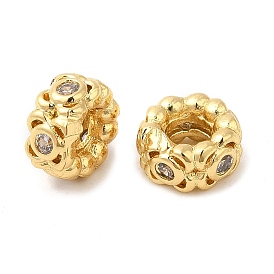 Rack Plating Brass Cubic Zirconia Beads, Long-Lasting Plated, Rondelle with Flower