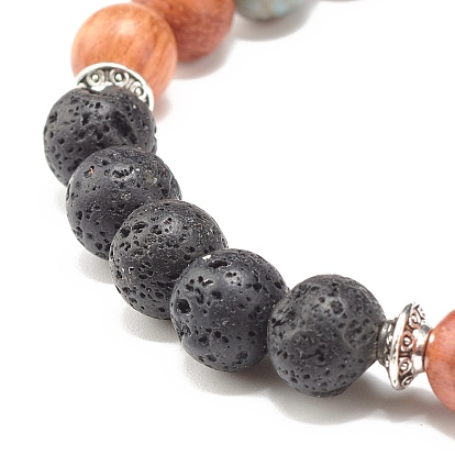 Natural Mixed Stone & Wood & Lava Rock Round Beads Stretch Bracelet, Oil Diffuser Bracelet for Women