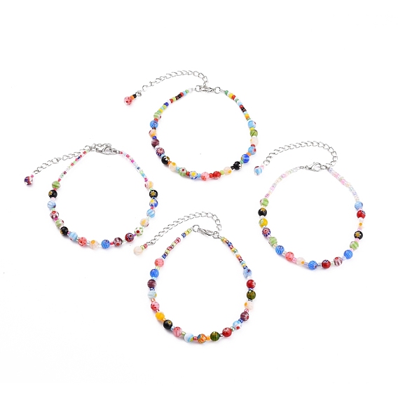 Handmade Millefiori Glass Beads Anklets, with Glass Seed Beads and Zinc Alloy Lobster Claw Clasps