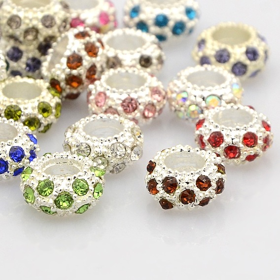 Alliage d'argent plaqué couleur argent grade a strass perles européennes, Perles avec un grand trou   , rondelle, 11x6mm, Trou: 5mm