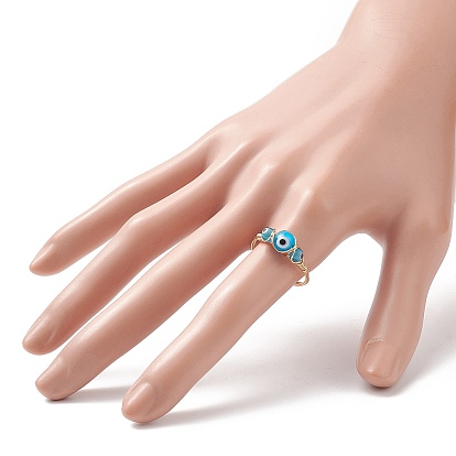 Lampwork Evil Eye Finger Ring, Golden Brass Wire Wrap Jewelry for Women
