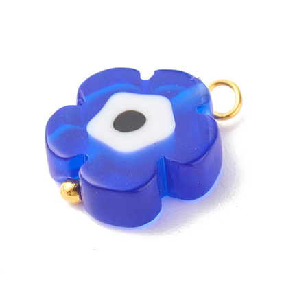 Handmade Millefiori Glass Pendant, with Brass Eye Pin, Flower with Evil Eye