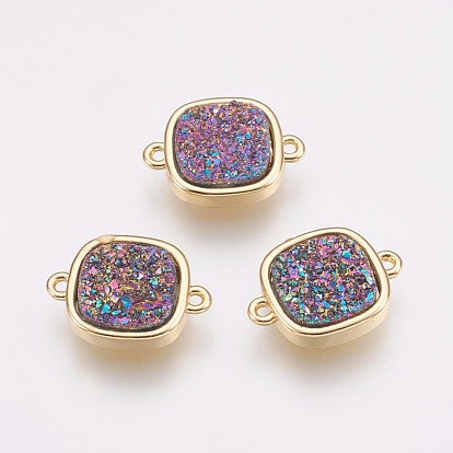 Natural Druzy Agate Links Connectors, with Brass Findings, Square