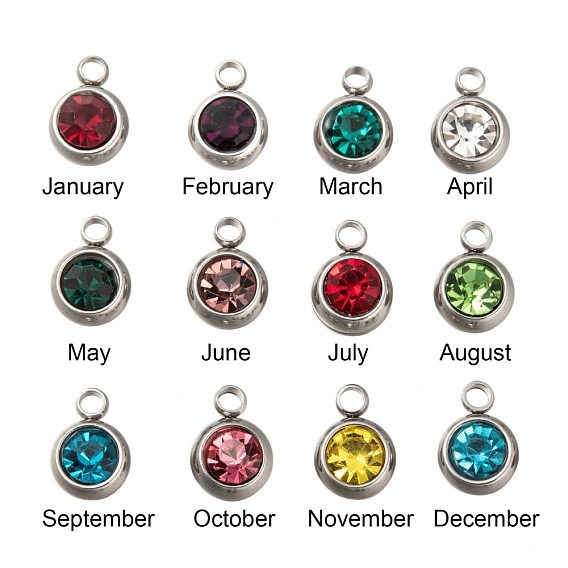 201 encantos de diamantes de imitación de acero inoxidable, encantos del collar de piedra de nacimiento, plano y redondo, color acero inoxidable