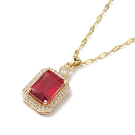 Brass Micro Pave Cubic Zirconia Pendant Necklaces, Red Glass Rectangle Jewelry for Women
