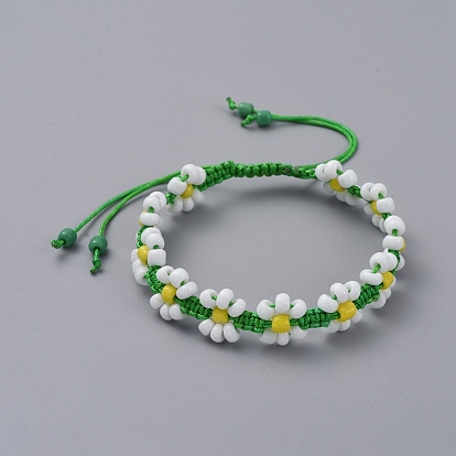 Adjustable Wreath Braided Bead Bracelets, Nylon Thread Square Knot Bracelet, with Glass Seed Beads