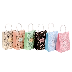 Kraft Paper Bags, with Handle, Gift Bags, Shopping Bags, Rectangle with Flower Pattern