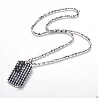 304 Stainless Steel Pendant Necklaces, with Enamel, Rectangle with America Flag