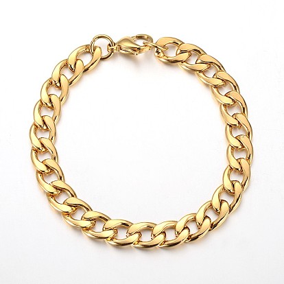 304 Stainless Steel Cuban Link Chain Bracelets, with Lobster Claw Clasps, 8-1/2 inch(215mm)~8-7/8 inch(225mm), 9x2mm