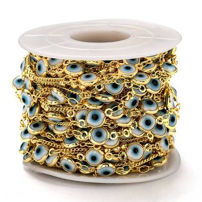 Brass Curb Chains, with Glass, Spool, Long-Lasting Plated, Soldered, Evil Eye
