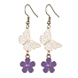 Alloy Enamel Flower & Brass Butterfly Dangle Earrings, with 304 Stainless Steel Earring Pins