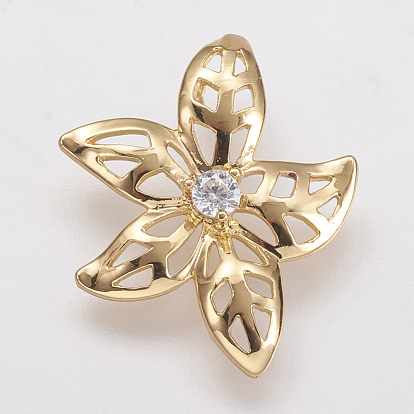 Brass Micro Pave Cubic Zirconia Pendants, Real 18K Gold Plated, Flower