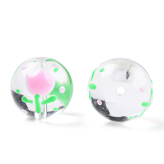 Perles de lampwork faites à la main transparentes, ronde avec motif de fleurs