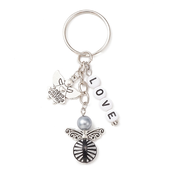 Porte-clés pendentif ange en alliage et acrylique de style tibétain, avec des perles de lettre d'amour en acrylique et des porte-clés fendus en fer