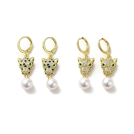 Leopard Head Real 18K Gold Plated Brass Micro Pave Cubic Zirconia Dangle Leverback Earrings, ABS Imitation Pearl Drop Earrings