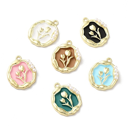 Alloy Enamel Pandants, with ABS Plastic Imitation Pearl, Lead Free & Cadmium Free, Light Gold, Oval with Flower