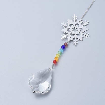 Cristal lustre suncatchers prismes chakra pendentif suspendu, avec des chaînes de câble de fer, perles de verre et pendentifs en laiton, flocon de neige avec larme