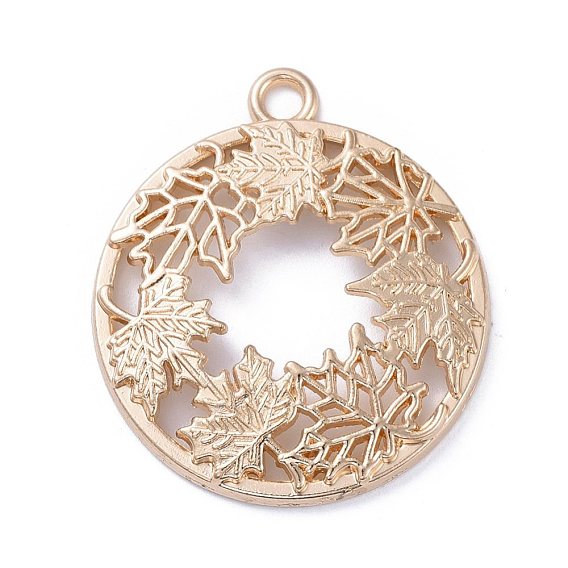 Autumn Theme Zinc Alloy Open Back Bezel Pendants, For DIY UV Resin, Epoxy Resin, Pressed Flower Jewelry, Flat Round with Maple Leaf