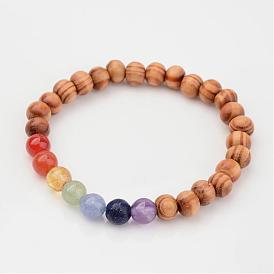 Perles en bois enfants étirer bracelets, avec des perles naturelles de pierres précieuses