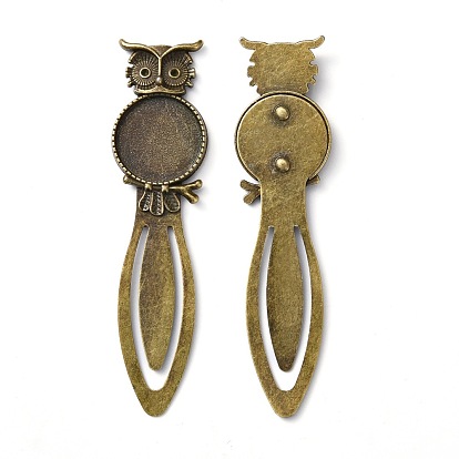 Iron Bookmark Cabochon Settings, Cadmium Free & Nickel Free & Lead Free, with Alloy Tray, Flat Round with Owl, 88x23x4mm, Tray: 20mm