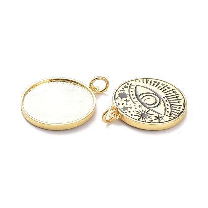 Brass Enamel Pendants, with Jump Ring, Long-Lasting Plated, Flat Round with Evil Eye, Black