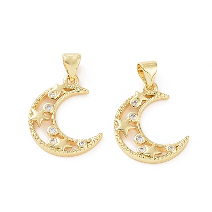 Brass Micro Pave Cubic Zirconia Pendants, Crescent Moon with Star Charm