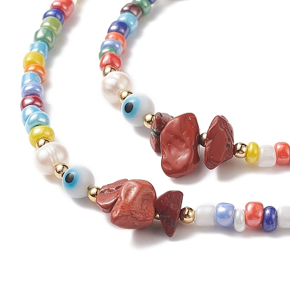 Rainbow Color Glass Beaded Bracelet & Necklace Sets, Natural Cultured Freshwater Pearl & Red Jasper & Handmade Evil Eye Lampwork Beaded Jewelry for Women