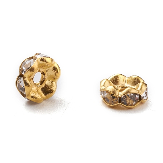 Brass Rhinestone Spacer Beads, Grade A, Wavy Edge, Golden Metal Color, Rondelle