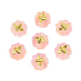 Transparent Spray Painted Glass Beads, with Golden Plated Brass Findings, Flower with Bees
