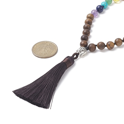 Natural & Synthetic Mixed Gemstone & Wood Buddhist Necklace, Alloy Buddha Head with Polyester Tassel Lariat Necklace for Women