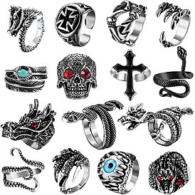 15Pcs 15 Style Evil Eye & Dragon & Cross & Leather & Skull & Snake & Claw Alloy Open Cuff Rings, Gothic Chunky Rrings with Rhinestone for Men Women