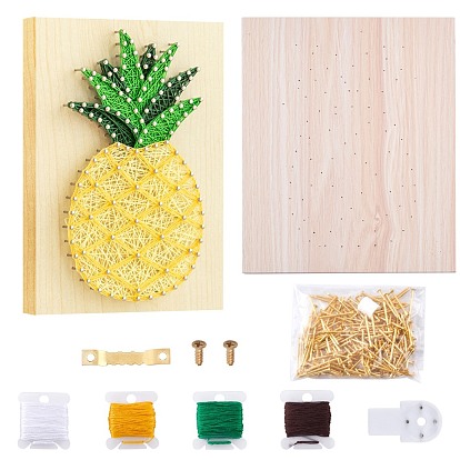 Ensembles de dessin d'enroulement d'ananas, y compris planche de bois, clous de fer et accessoires de crochet et vis, fil de polyester, crochet en plastique sans trace