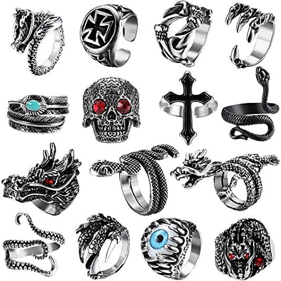 15 piezas 15 estilo mal de ojo y dragón y cruz y cuero y calavera y serpiente y garra anillos abiertos de aleación, Anillos gruesos góticos con diamantes de imitación para hombres y mujeres.