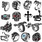 15Pcs 15 Style Evil Eye & Dragon & Cross & Leather & Skull & Snake & Claw Alloy Open Cuff Rings, Gothic Chunky Rrings with Rhinestone for Men Women