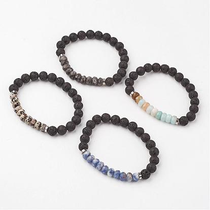 Natural Gemstone Stretch Bracelets, with Lava Rock Beads and Brass Spacer Beads, Abacus and Round, Faceted