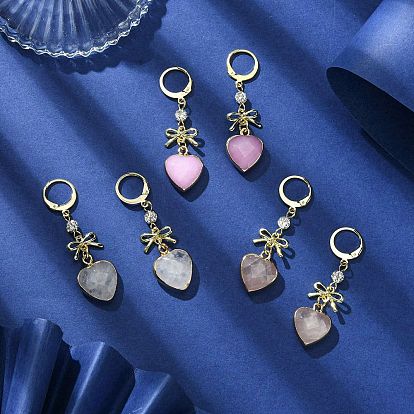 Natural Mixed Gemstone Heart & Bowknot Drop Earrings, 304 Stainless Steel Leverback Earrings