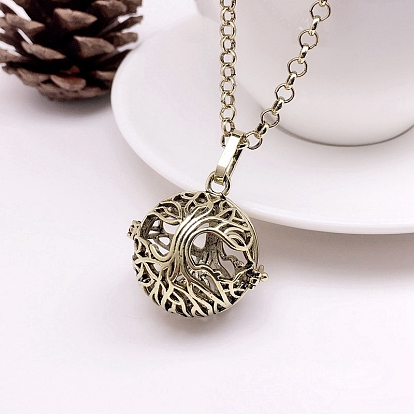 Brass Hollow Round with Tree of Life Cage Pendants, For Chime Ball Pendant Necklaces Making