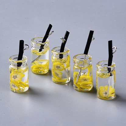 Glass Bottle Pendants, with Resin & Polymer Clay inside, Plastic and Platinum Tone Iron Eye Pin, Imitation Juice Bottle