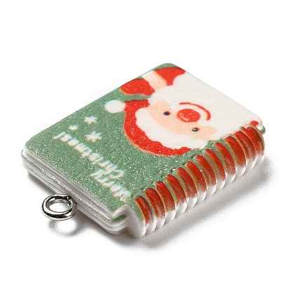 Opaque Resin Pendants, with Platinum Tone Iron Loops, Christmas Theme, Notebook with Santa Claus Pattern