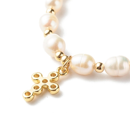 Adjustable Natural Pearl Beads Slider Bracelets, with 304 Stainless Steel Venetian Chains and Brass Cross Charm