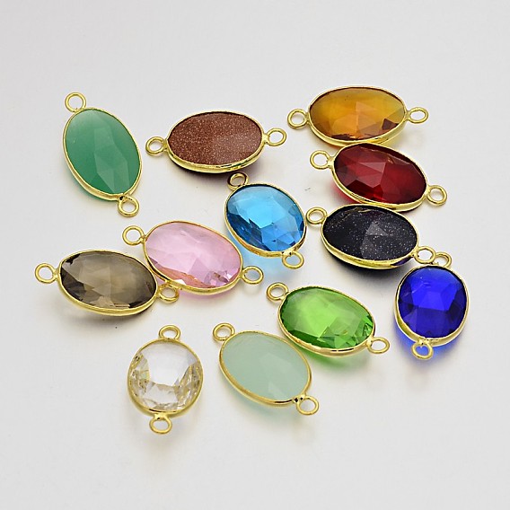 Gemstone Links Glass Links Connectors, with Golden Plated Brass Findings, Oval, 27x14x6mm, Hole: 2.5mm