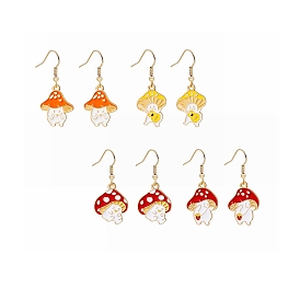Mushroom Enamel Dangle Earrings, Golden Alloy Jewelry for Women
