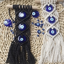Handmade Macrame Cotton Thread Tassel Pendant Decoration, with Glass Turkey Evil Eye and Wood Bar, for Car Wall Hanging Decoration