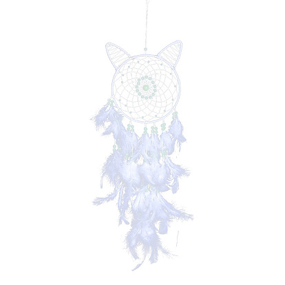 Filet/toile tissé tête de chat lumineuse avec décoration murale en plumes, carillon à vent qui brille dans le noir, avec des anneaux de fer, pour bureau à domicile d'ornement