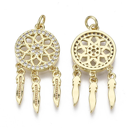 Brass Micro Pave Clear Cubic Zirconia Pendants, with Jump Ring, Nickel Free, Woven Net/Web with Feather