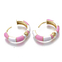 Brass Huggie Hoop Earrings, with Two Tone Enamel, Real 18K Gold Plated, Bamboo Shape