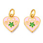 Alloy Enamel Charms, with Jump Rings, Matte Gold Color, Cadmium Free & Lead Free, Heart with Flower