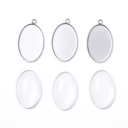DIY Pendant Making, with 304 Stainless Steel Pendant Cabochon Settings and Transparent Oval Glass Cabochons