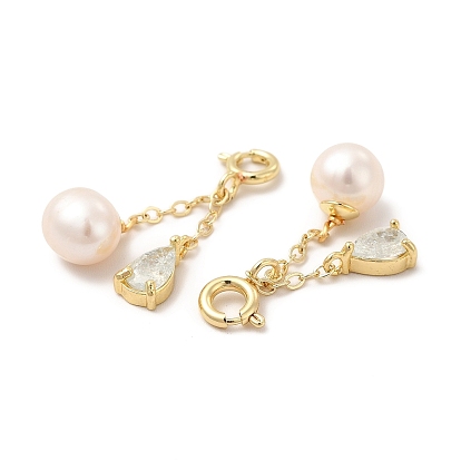 Laiton pavé de zircons cubiques transparents en forme de larme ressort anneau fermoir breloques, avec des perles rondes en perles naturelles