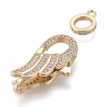 Brass Micro Pave Cubic Zirconia Lobster Claw Clasp, with Bail Beads/Tube Bails, Long-Lasting Plated, Wing